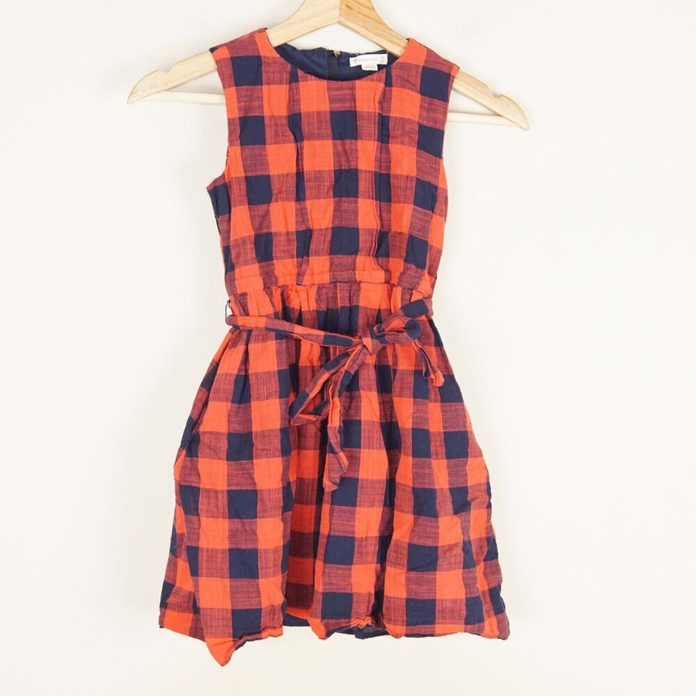J crew Crewcuts Buffalo Plaid Blue Red Sleeveless Tie Dress Girls Sz 8